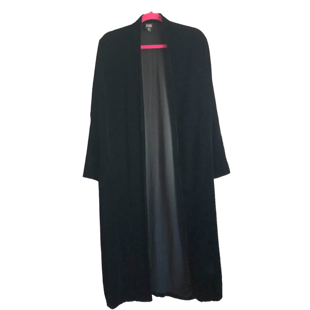 Eileen Fisher Medium Black Plush Velvet Long Open Duster Coat